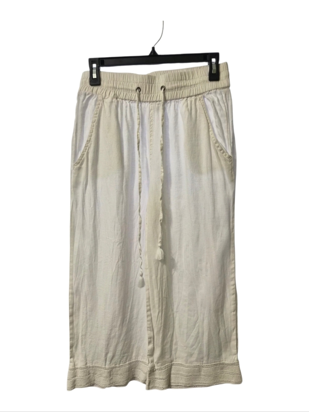Magaschoni White ‎ Linen Wide Leg Pull On Pants Sz Small Lace hem Lagenlook Boho